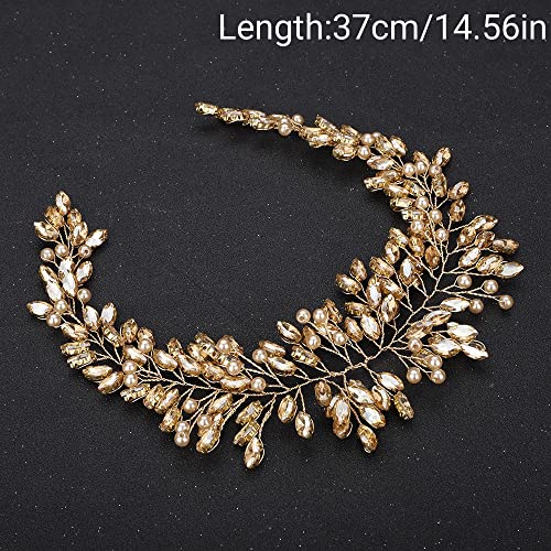 Teyglen Bride Wedding Rhinestone Crystal Long Headband Hair Vine Bridal Black Pearl Crystal Headband Wedding Hair Accessories for Bride Hair Pieces Black Headpiece for Women Girl (Black)