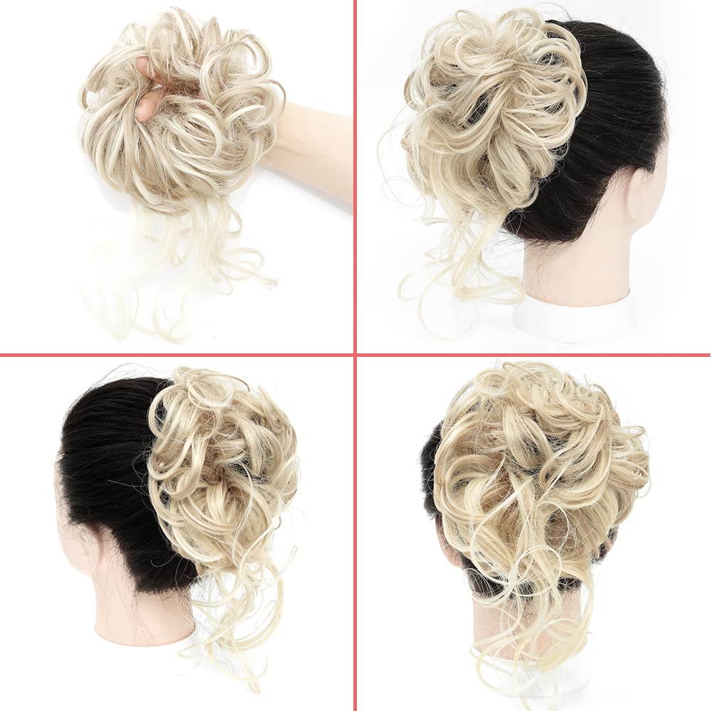 KETHBE Messy Bun Hair Piece Tousled Updo Hair Buns Extension Elastic Hair Band Hair Pieces Curly Hair Bun Scrunchie For Women (2PCS,Pale Golden Blonde Mix Blonde)