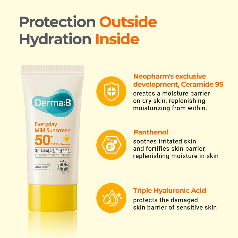 Derma B Everyday Mild Sunscreen SPF 50+ | Fast-Absorbing, Lightweight Moisturizer for Sensitive Skin - 1.69 Fl Oz (50ml)