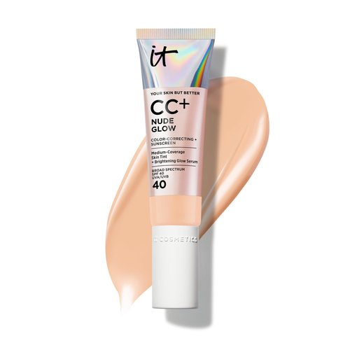 IT Cosmetics CC+ Nude Glow (Light Medium) - Medium Coverage Foundation with SPF 40 & Brightening Glow Serum, Lightweight Skin Tint, 2% Niacinamide + Hyaluronic Acid, Up to 24H Hydration - 1.08 fl oz