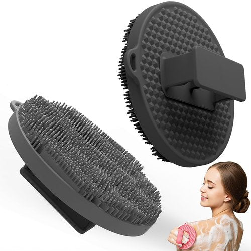2 Pack Exfoliating Silicone Body Brush Scrubber Handheld Bath Skin Massager Easy to Clean Shower Scrubber for All Kinds of Skin (2 Pack Black&Grey)