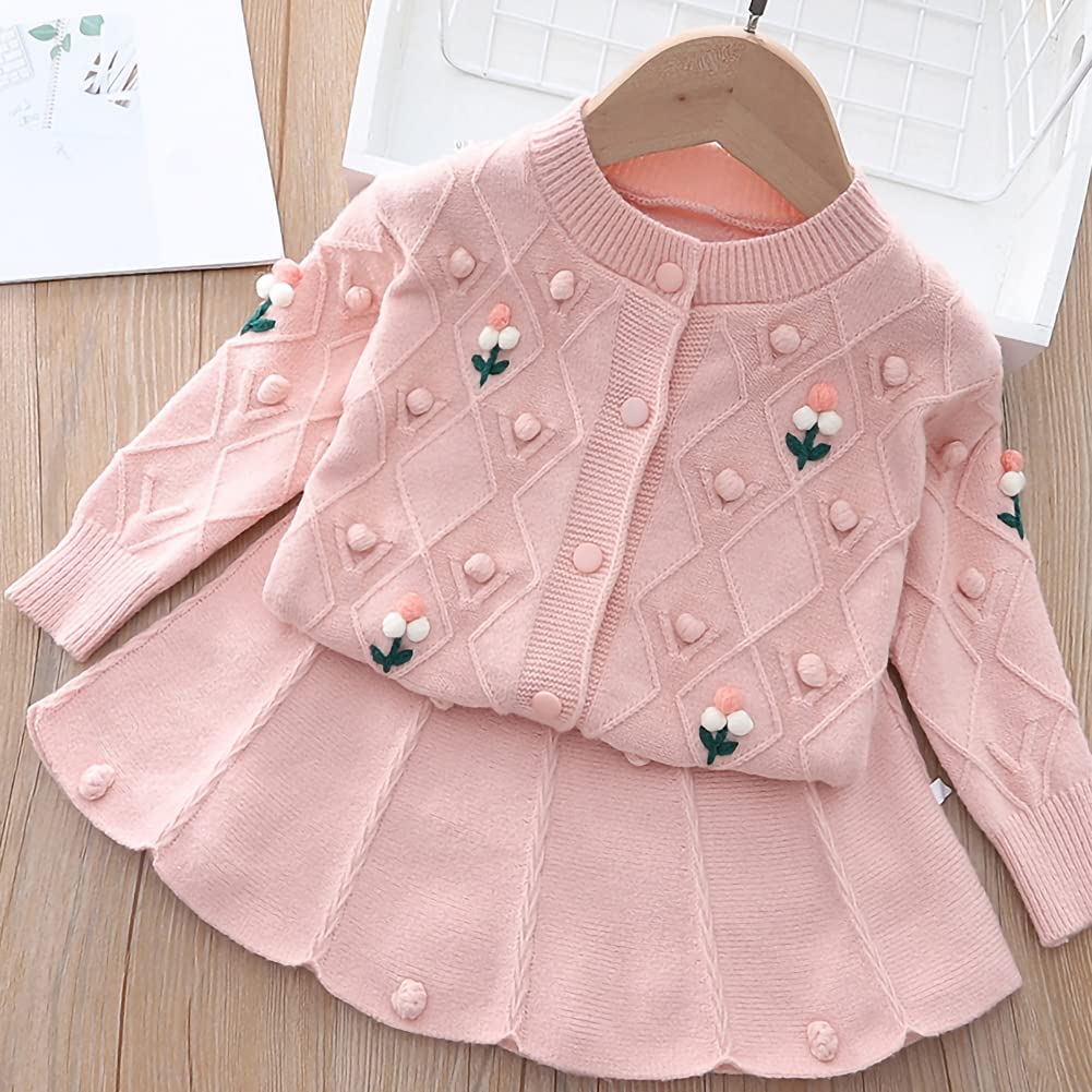 Toddler Baby Girls Autumn Winter Fall Clothes Knit Long Sleeve Ruffle Sweater Top+Pleated Mini Tutu Skirt 2pcs Outfit for Kids Princess Casual Playwear Homewear Clothing Set Pink-Ball 18-24 Months