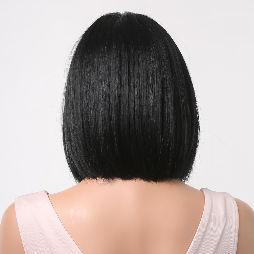 BERON Black Wig for Women Black Bob Wig Short Straight Black Wig with Bangs Synthetic Heat Resistant Wig Cap Included