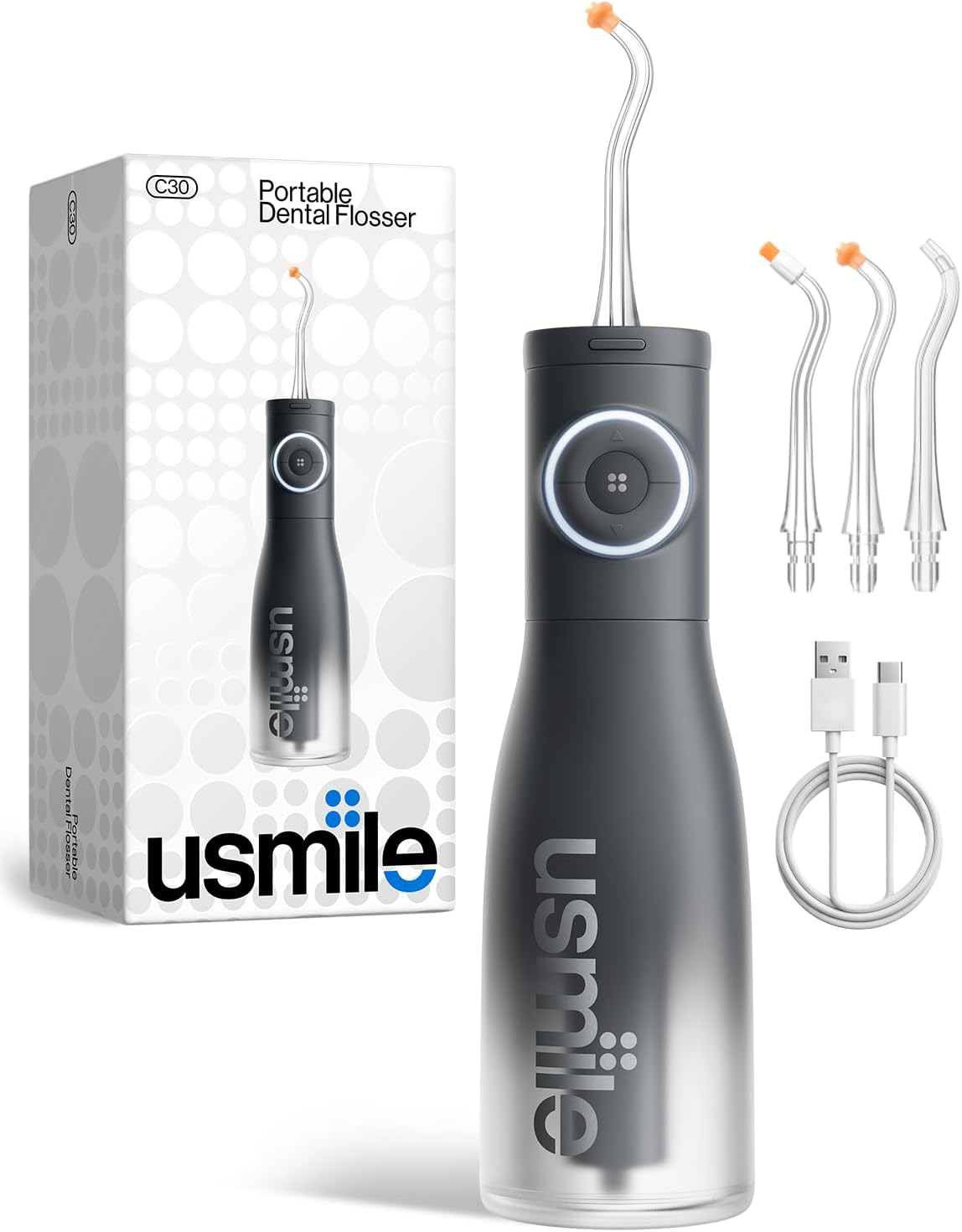 Usmile C30 Cordless Water Flosser - 300ml Tank, 5 Pressure Levels, USB-C Rechargeable, IPX7 Waterproof, Black