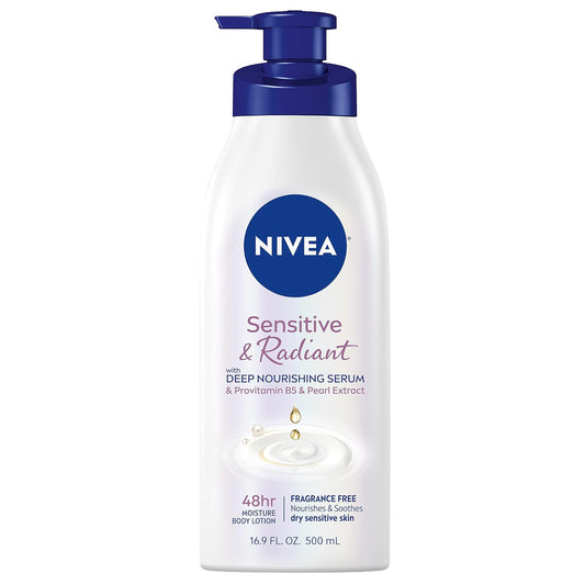 NIVEA Sensitive and Radiant Body Lotion for Sensitive Skin, Hypoallergenic, Fragrance Free Body Lotion for Women with Deep Nourishing Serum, Pearl Extract and Provitamin B5, 16.9 Fl Oz Bottle