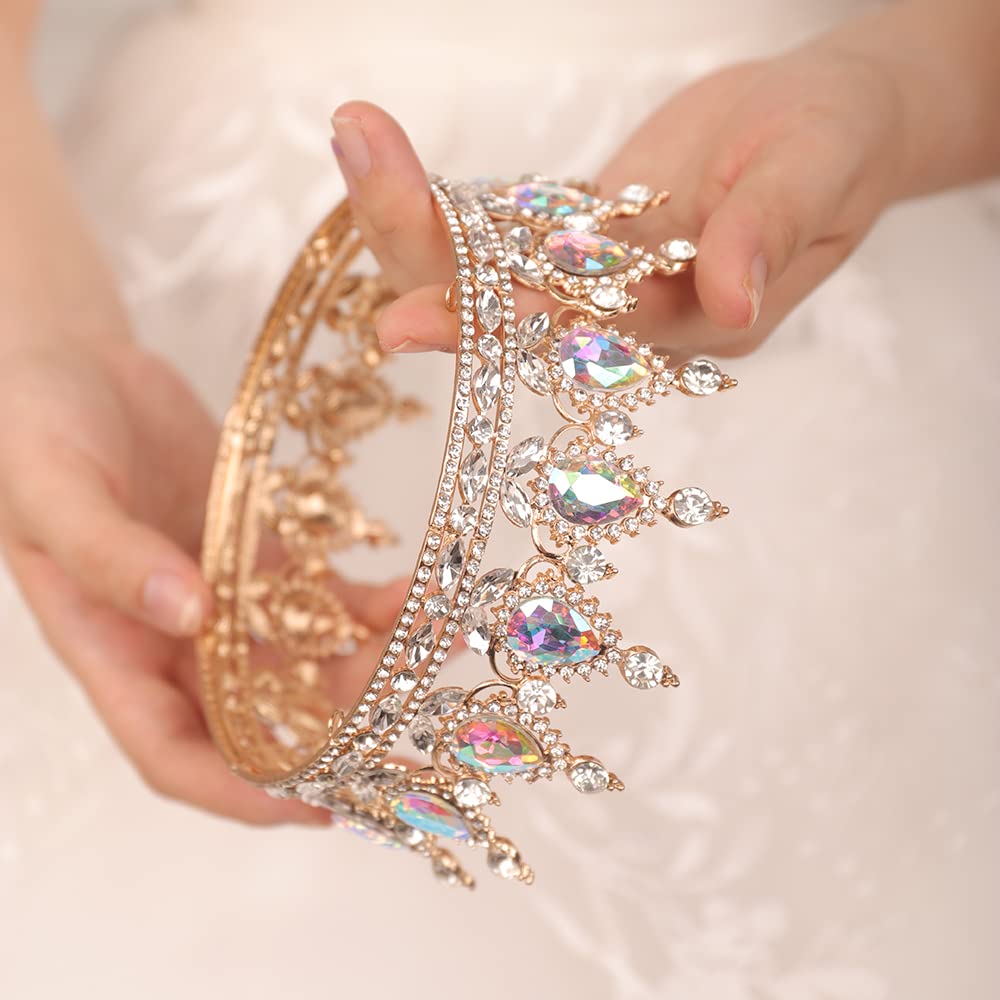 JWICOS Crystal Tiara for Women Rhinestone Bridal Wedding Full Round Tiara Hair Accessories for Girls Princess Tiara Crown Headband for Birthday Party Halloween Costume Prom (AB Rhinestone)