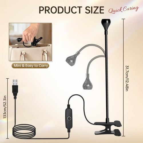 AORAEM Nail Lamp LED Nail Manicure Dryer Curing Light with Black Gooseneck and Clamp for Gel Nails