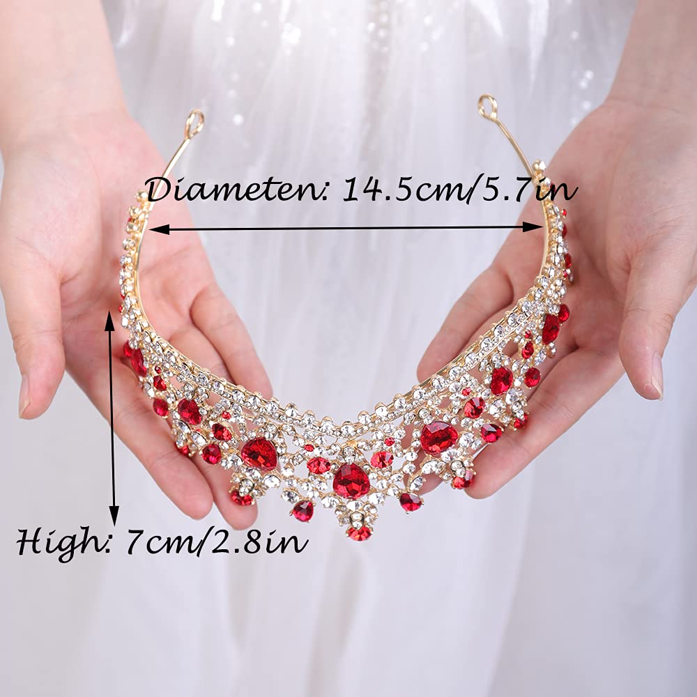 JWICOS Rhinestone Princess Crowns for Women and girls Wedding Bridal Party (red and gold)