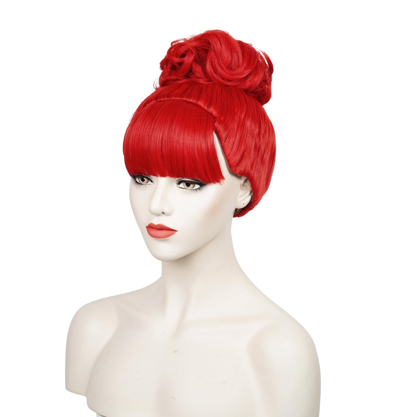 Red Wig with Bangs Bun for Women, Miss Dead Receptionist Costume Wig + Wig Cap for Halloween Argentina Costume Cosplay