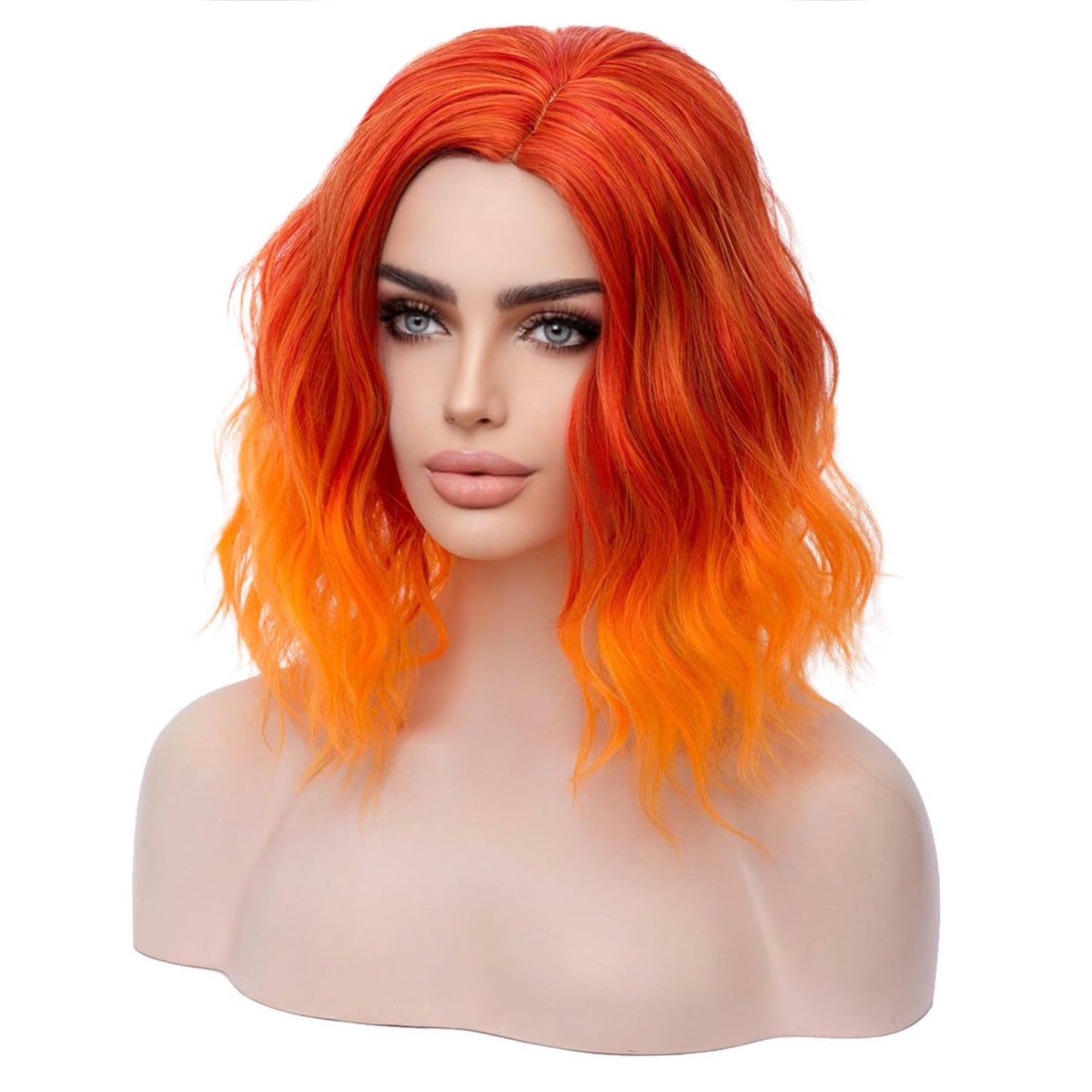 MAGQOO Orange Flame Fire Wig Side Part Short Curly Wavy Hair Wigs Synthetic Heat Resistant Cosplay Costume Party Wigs (Orange Ombre, Women Girls)