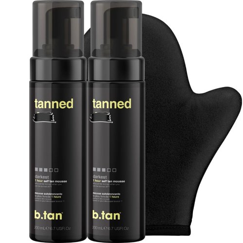 b.tan Dark Self Tanner Gift Box - Anytime Glow Getter Bundle | 2 Pack Sunless Tanning Mousse & Mitt