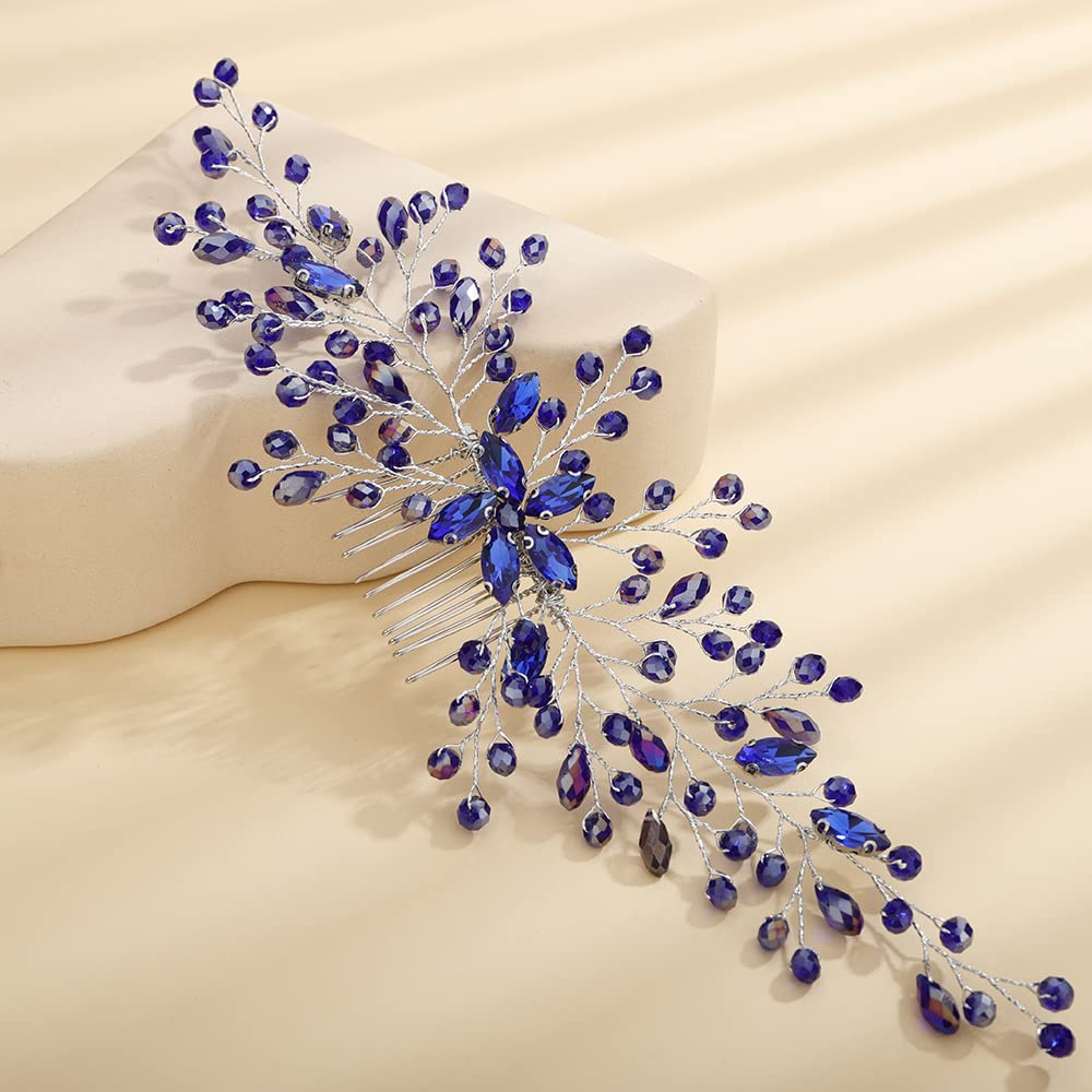 Teyglen Blue Rhinestone Headpiece Flower Wedding Hair Comb Headband Bridal Crystal Hair Pieces Hair Accessories Shiny Crystal Hair Side Comb for Women Bride Girls (Blue)