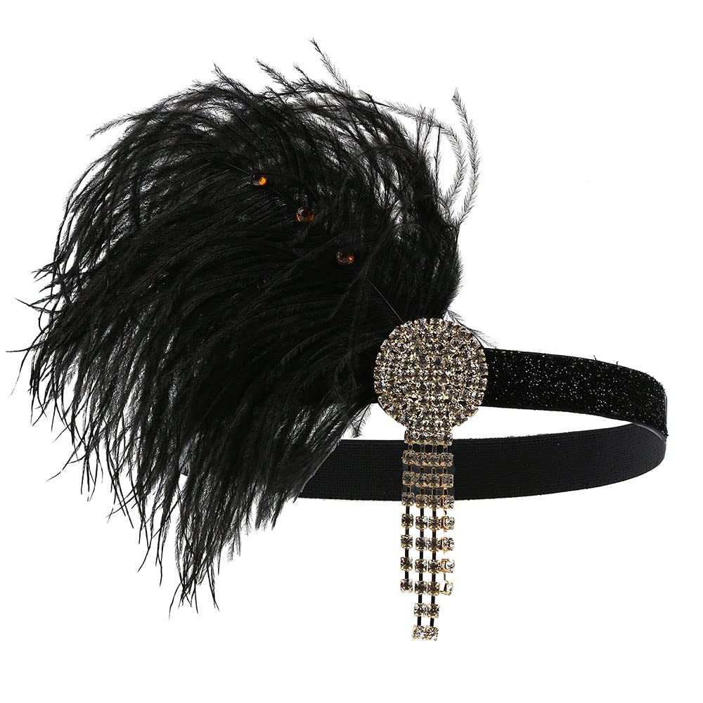 STIOEDYUAN 1920s Flapper Headband Hair Accessories For Women Roaring 20s Feather Headpiece Hair Band Vintage Gatsby Party Rhinestone (Black+Gold)