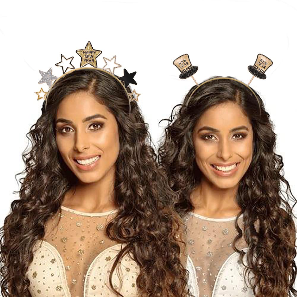 HEIDKRUEGER Happy New Year Headband Glitter Gold Star Headbands Black and Gold Hat Tiara Hairbands for Women New Years Eve Party Supplies Gifts (Star-HAPPY NEW YEAR)