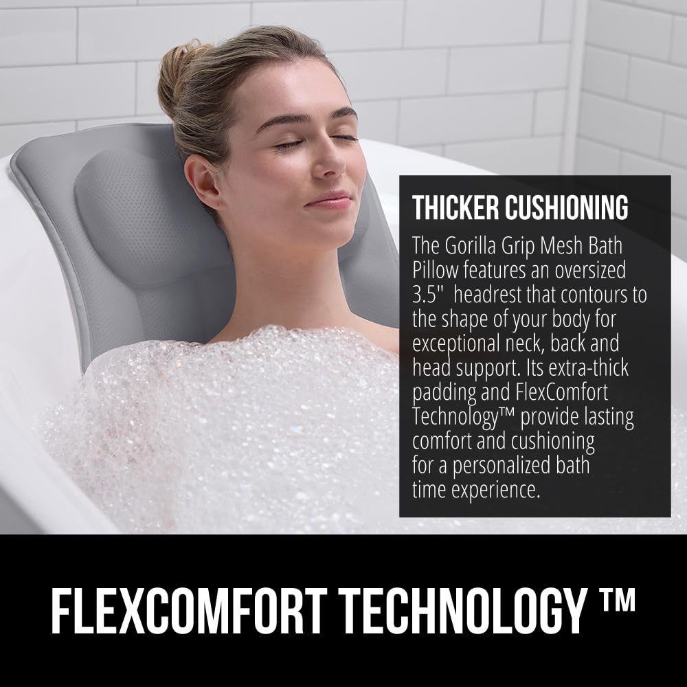 GORILLA GRIP Mesh Bath Pillow for Tub, 6 Powerful Suction Cups, Oversized Headrest with Breathable FlexComfort Technology for Neck, Head, Back Support, Luxury Machine Washable Bathtub Must Haves, Gray