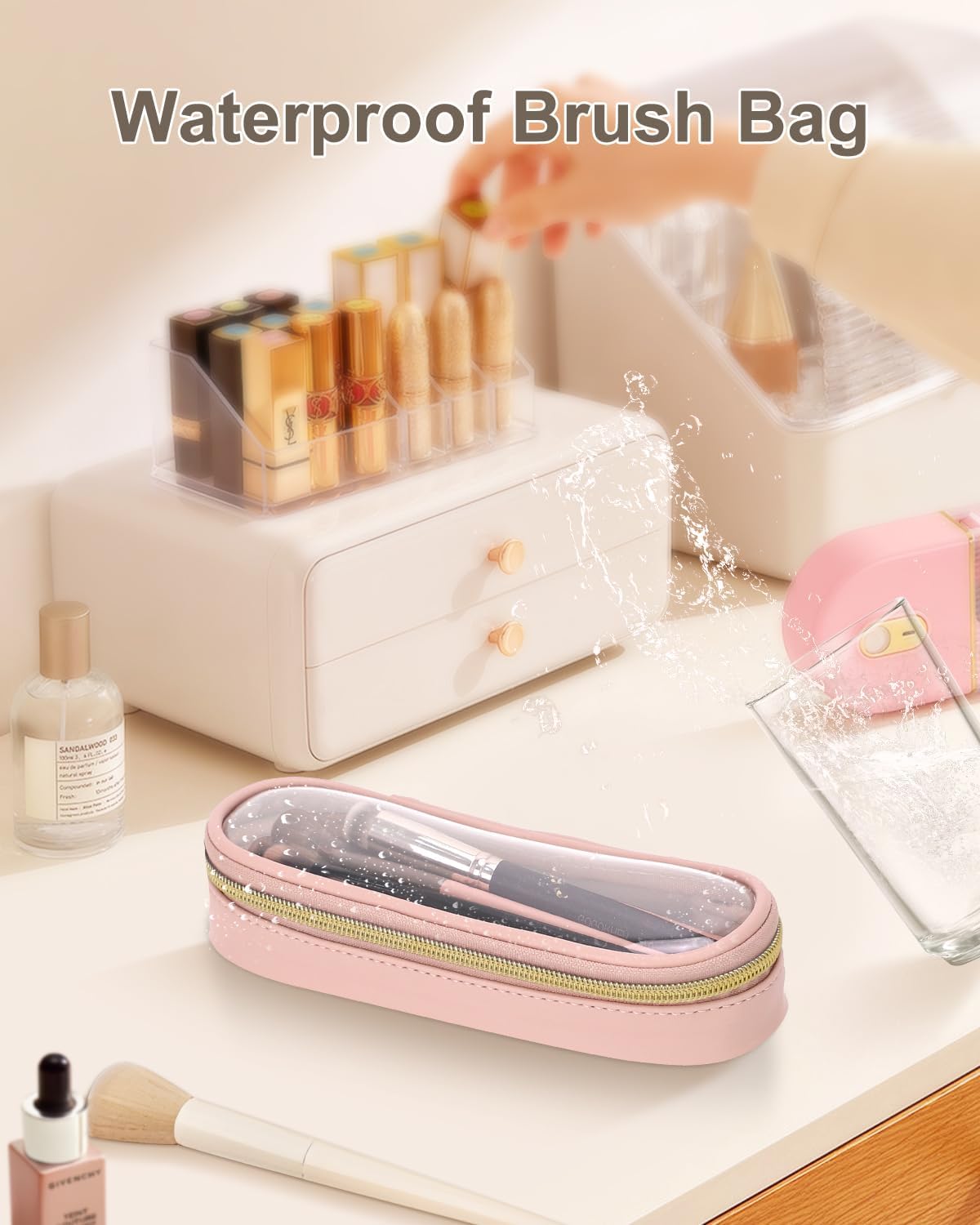 Soimeat Clear Travel Makeup Brush Holder - Large Pink Waterproof Cosmetic Case