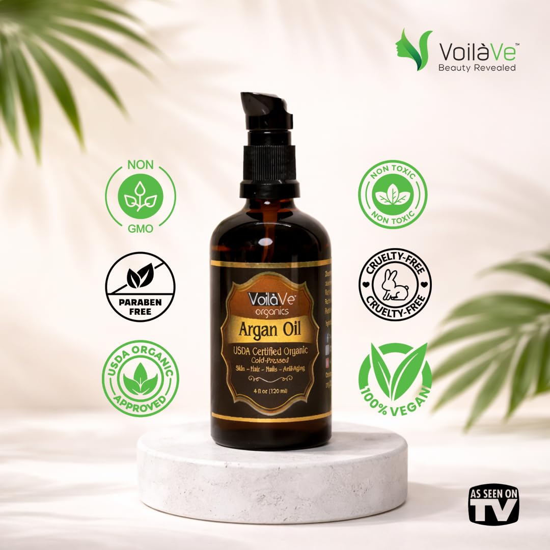 VoilaVe Organic Moroccan Argan Oil - Anti-Aging Face Moisturizer & Hair Growth | 4 fl oz, Cold Pressed, Rich in Vitamin E