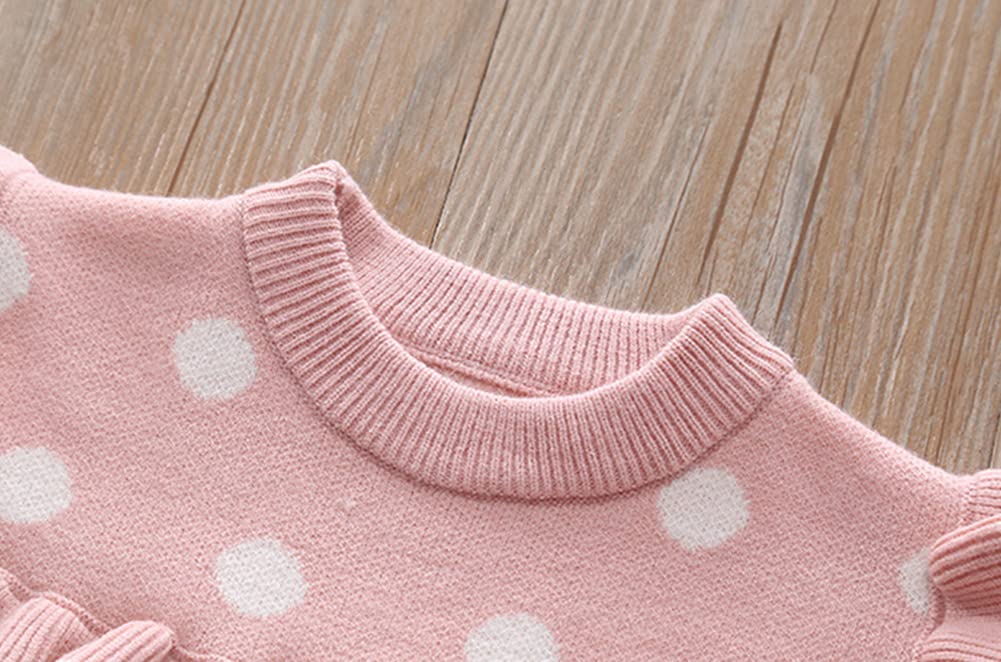 Girls Autumn Winter Fall Clothes Knit Long Sleeve Ruffle Sweater Top+Pleated Mini Tutu Skirt 2pcs Outfit for Kids Princess Casual Playwear Homewear Clothing Set Pink-Polka Dots 18-24 Months