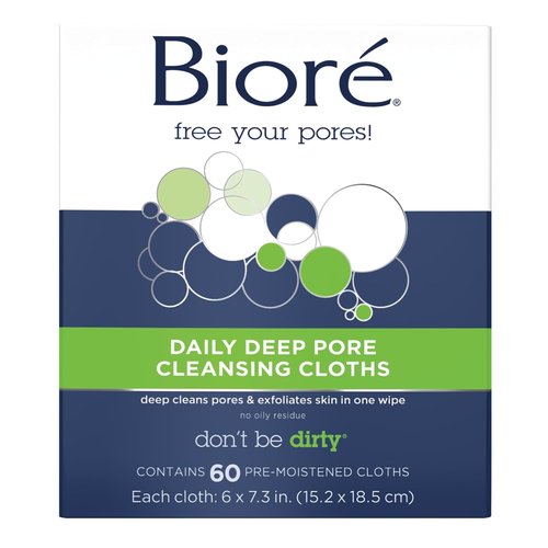 Bioré Daily Makeup Removing Cloths - Deep Pore Cleansing Wipes with Dirt-Grabbing Fibers | 60 Count