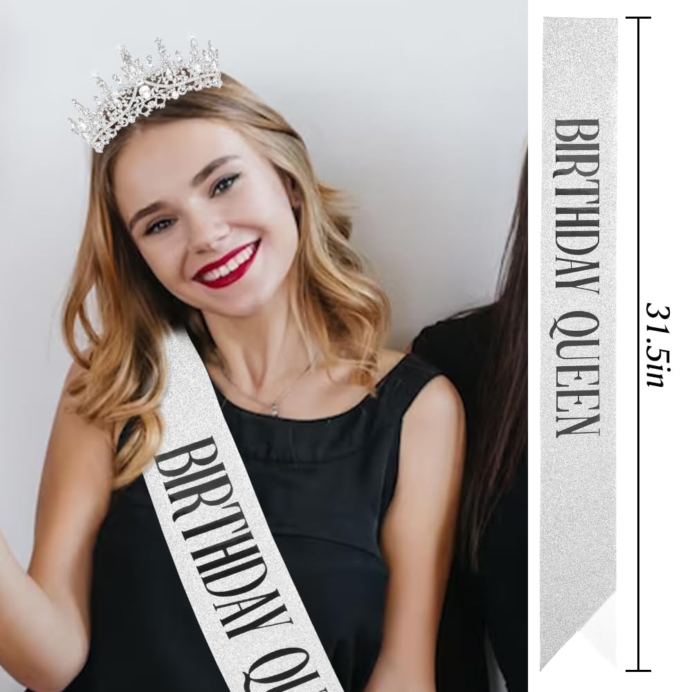 Bolonar Silver Crystal Birthday Crown for Women Birthday Queen Tiara with Combs Glitter Birthday Sash Happy Birthday Party Decorations Birthday Gifts