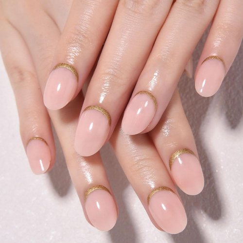 Evpct Nude Pink French Press-On Nails | Short Oval Design with Gold Foil Accents | Reusable Soft Gel Kit