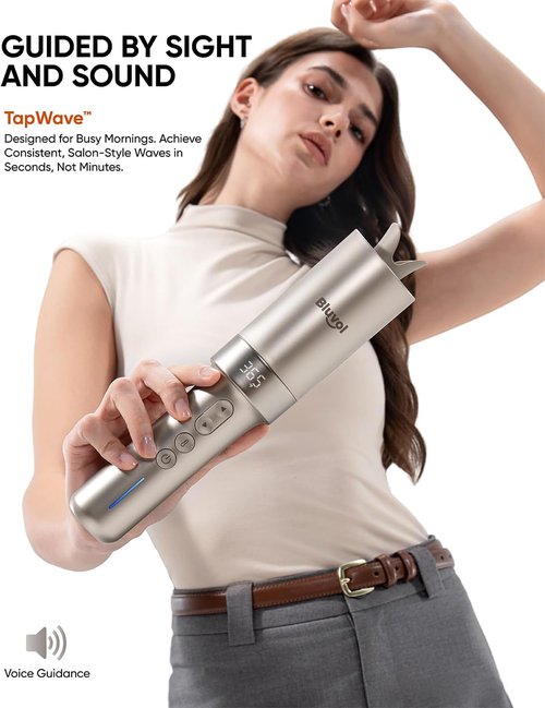 Bluvol R10 Apex Cordless Curling Iron - 1-Inch Rotating Wand with Anti-Tangle & LED Features, Starlight Finish