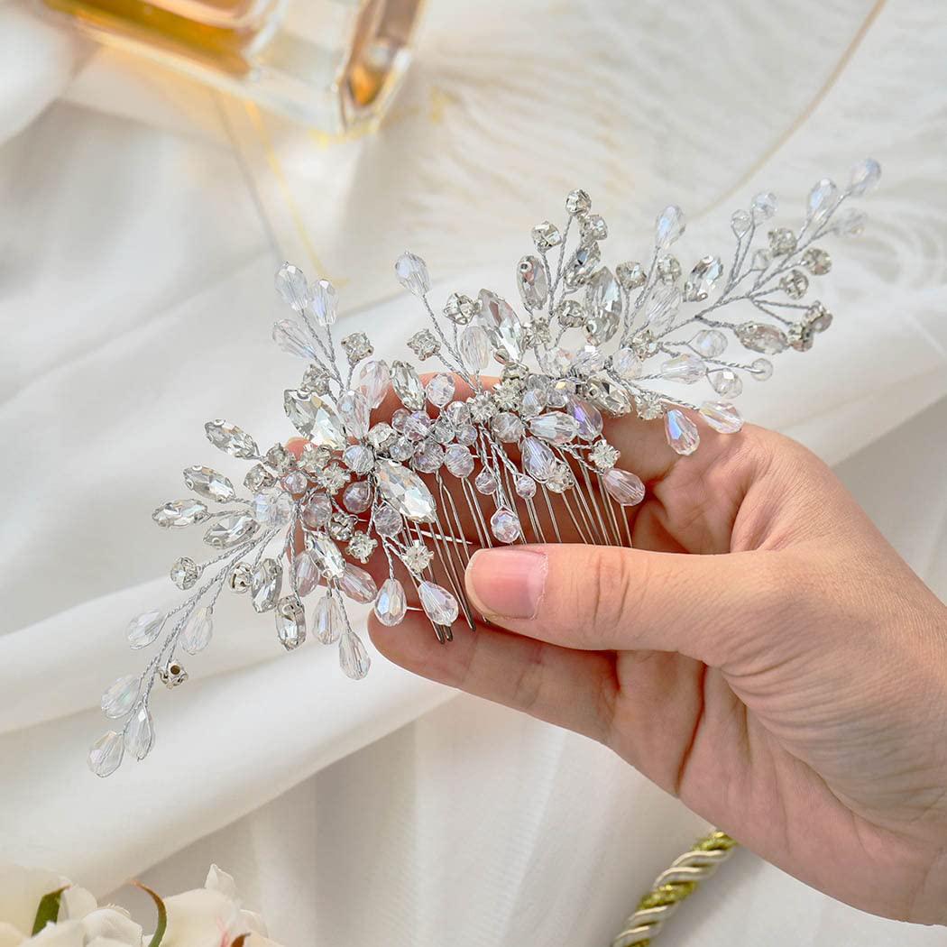 Catery Rhinestones Bridal Hair Comb - Silver Side Wedding Hair Accessory with Beads for Brides, Women, and Girls (A silver)