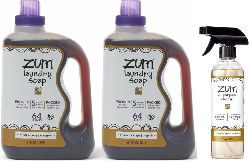 Zum by Indigo Wild Laundry Bundle - Frankincense & Myrrh Plant-Based Soap (64 fl oz, 2 Pack) | Natural Surface Cleaner (16 fl oz)