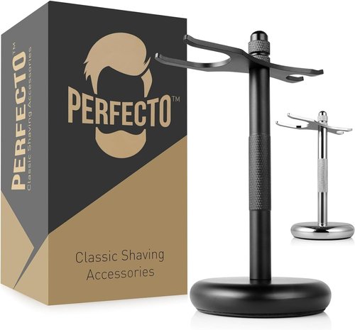 Perfecto Deluxe Chrome Razor and Shaving Brush Stand — Safety Razor Holder with Weighted Base, Fits 1" Brush & ½ Razor Openings, Prolongs Brush Life