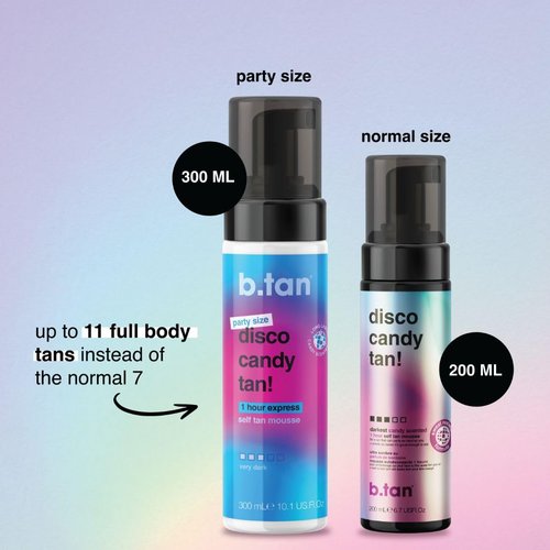b.tan Large Candy Scented Self Tanner Mousse - Party Size Disco Candy Tan | 1 Hour Express Dark Foam, Sweat-Proof & Transfer Resistant, 10.1 Fl Oz