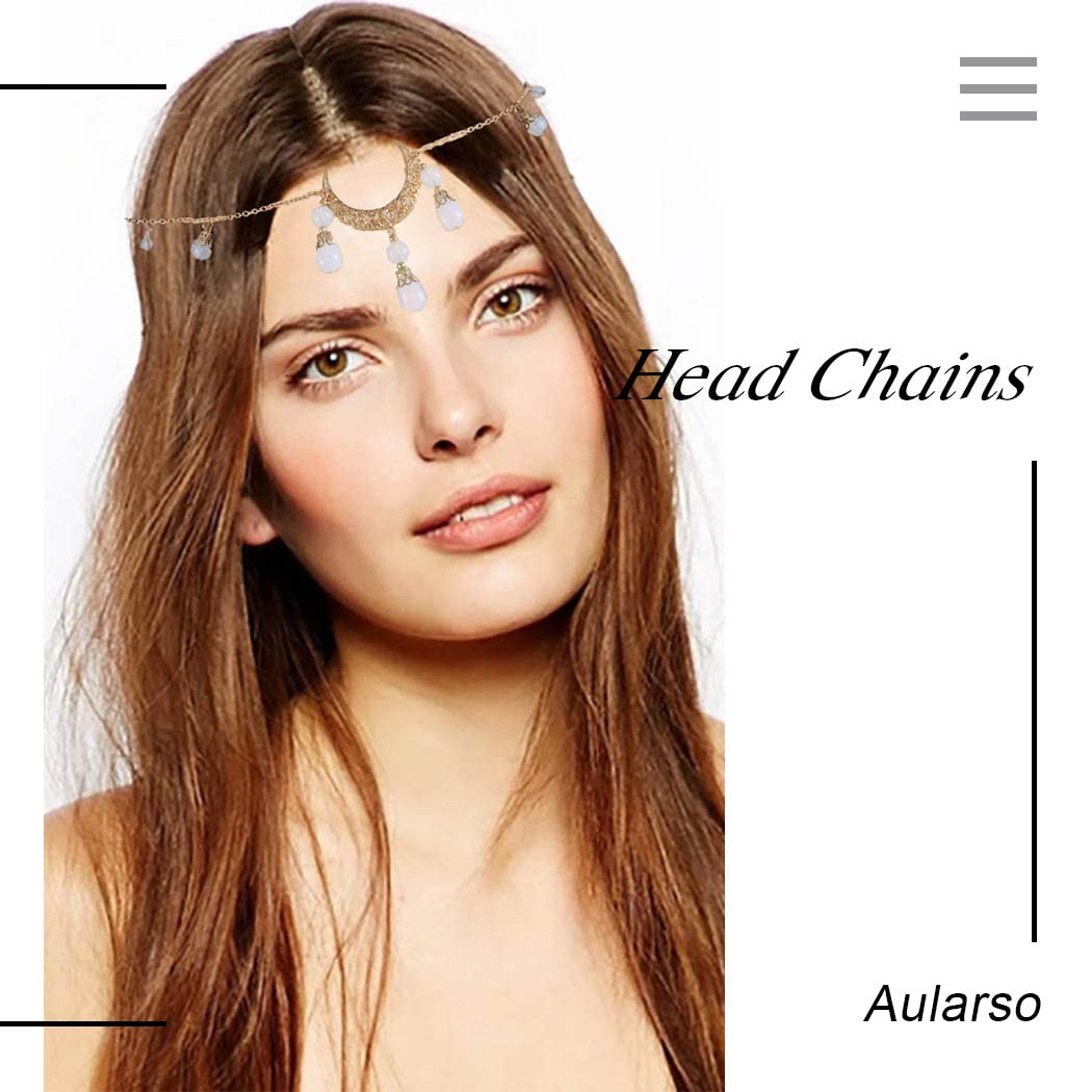 Aularso Boho Head Chain Crescent Moon Headbands Chain Vintage Crystal Forehead Chain Costume Head Jewelry for Women (Gold)