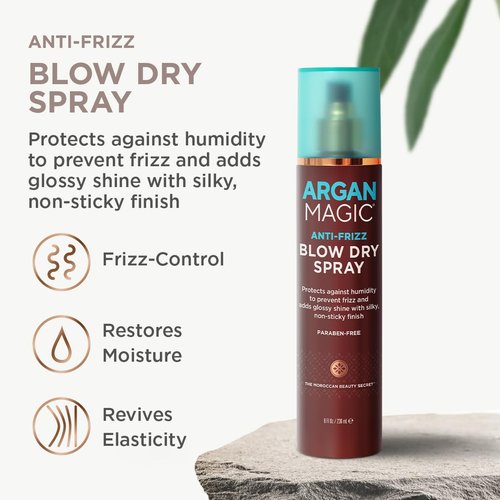 Argan Magic Anti-Frizz Blow Dry Spray – Protects Against Humidity & Tames Frizz | Adds Glossy Shine & Softness | Paraben-Free, | (8 Oz)