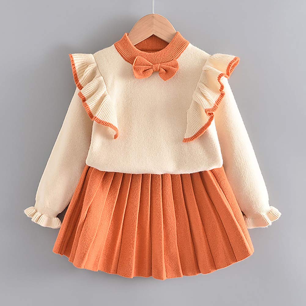 Toddler Baby Girls Autumn Winter Clothes Crochet Knitted Button up Long Sleeve Ruffle Bowknot Sweater Tops+Pleated Mini Tutu Skirt 2pcs Outfit Princess Dress up Costume for Kids Orange 18-24 Months