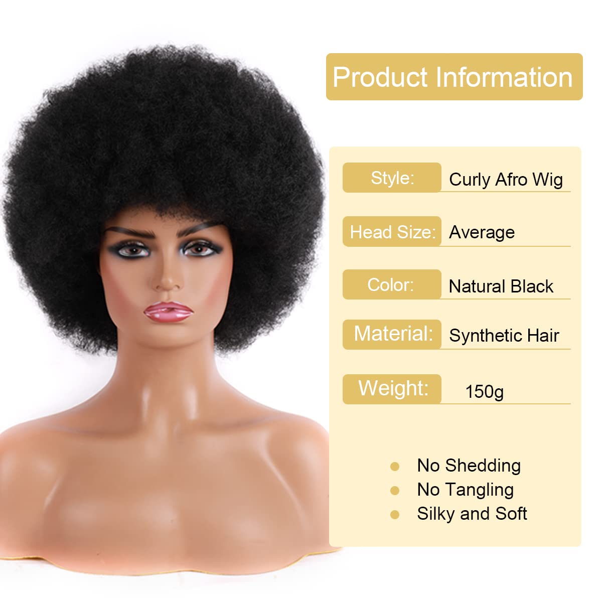 70s Afro Wigs for Women, Black Women Afro Curly Wigs, Glueless Synthetic Wigs, Large Fluffy Flexible Soft Natural Full Wigs for Everyday Party Cosplay Costumes (Natural Black)