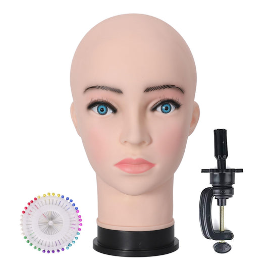 TKIMHEQ Bald Female Mannequin Head 21.6 Inches Big Head Circumference Makeup Training Head Wig Head Professional Cosmetology for Wig Making Hat Helmet Glasses Display Head Model with Clamp Stand