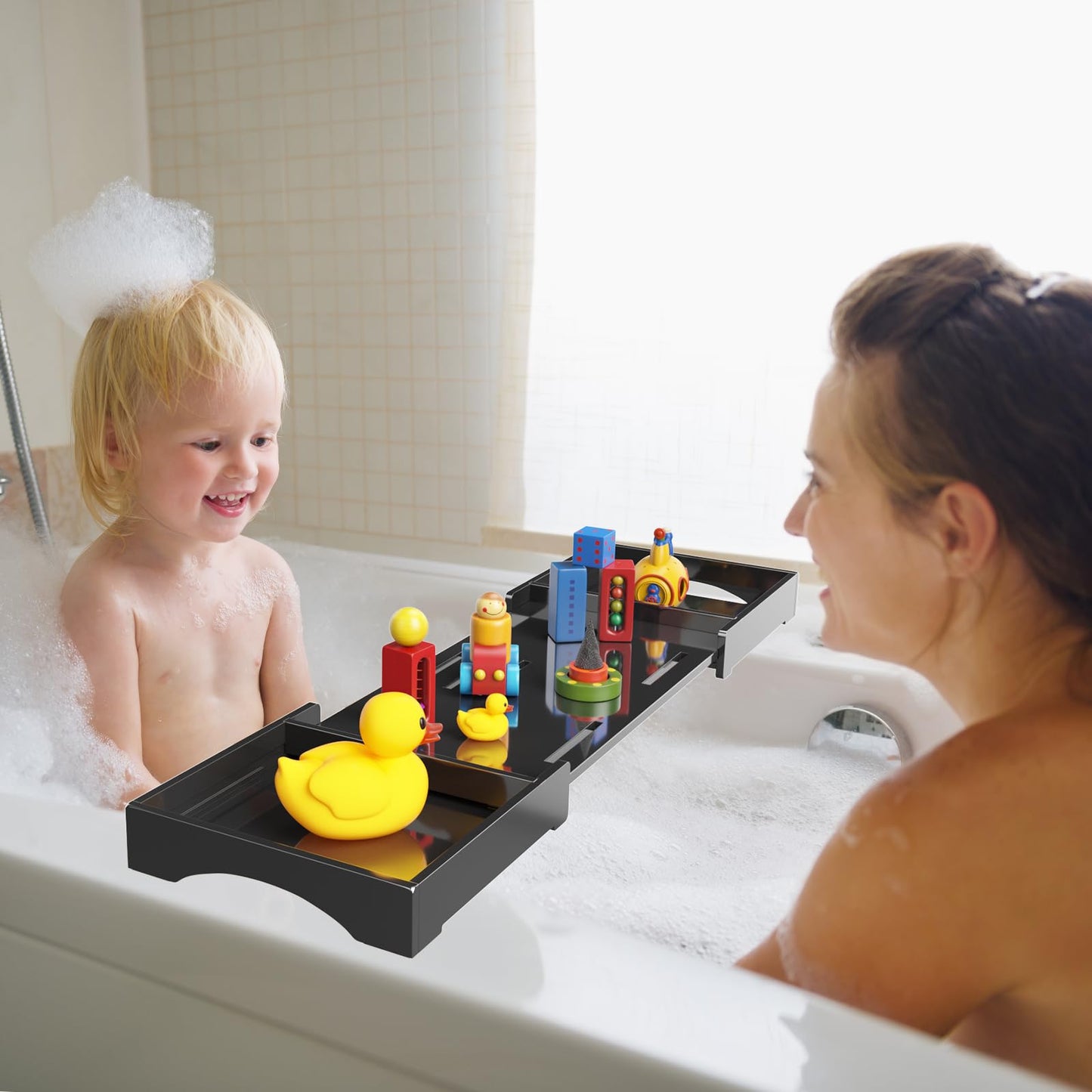 Rulyyo Bathtub Tray Caddy Table - Black 18-32.5 Inch Expandable Over The Tub Bath Tray, Waterproof Luxury Caddy for Bathtub