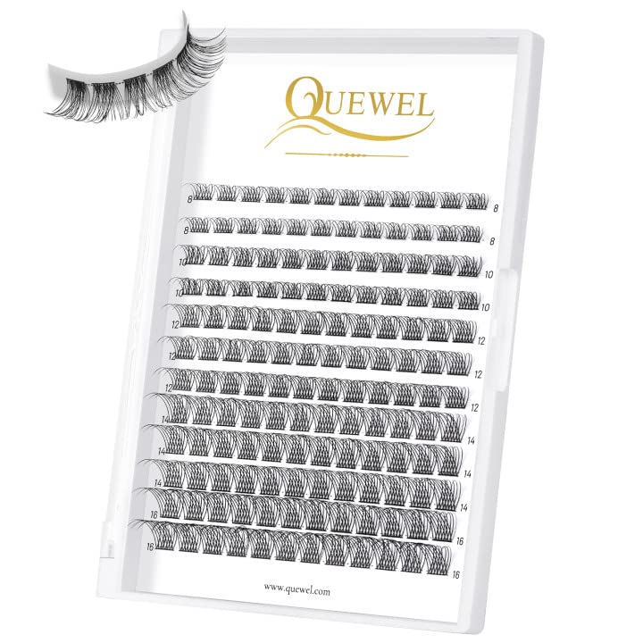 QUEWEL Cluster Lashes 144 Pcs Wide Stem Individual Lashes C/D Curl 8-16mm Length DIY Eyelash Extension False Eyelashes Natural&Mega Styles Soft for Personal Makeup Use at Home (Natural-D-MIX-144 Pcs)