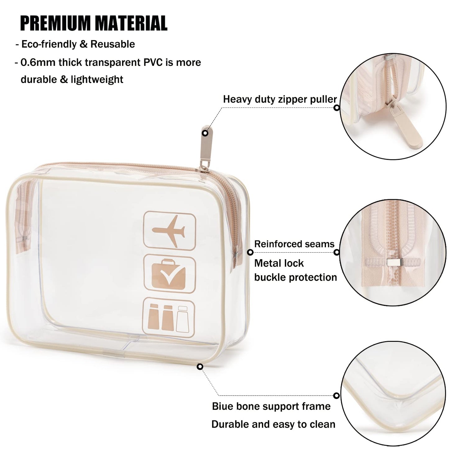 MODENGKONGJIAN TSA Approved Toiletry Bag, 3 Pcs Clear Toiletries Bags Quart Size Travel Makeup Cosmetic Bag for Women Men, Carry on Airport Airline Compliant Bag (Flesh Pink)