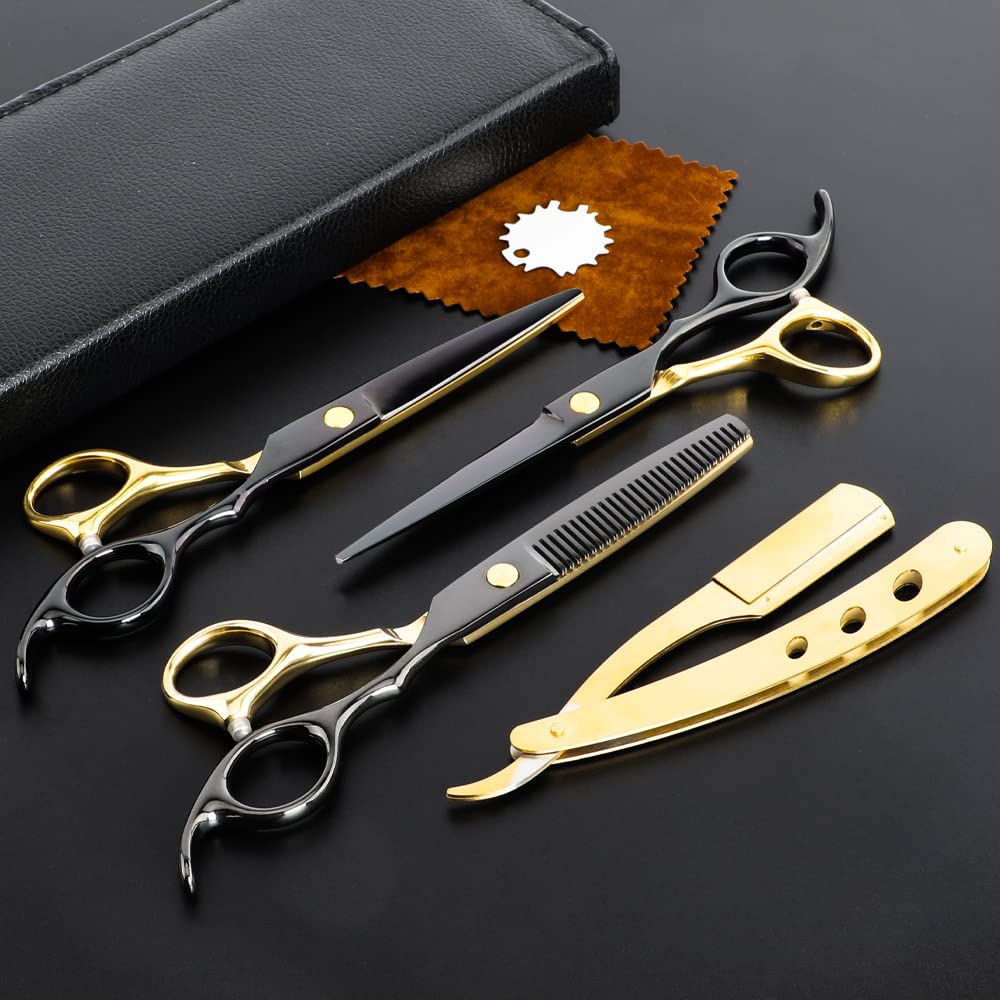 Professional Black Gold Hairdressing Teeth Scissors Stainless Steel Barber Hair Cutting Sets Salon Multifunctional Thinning Straight Shears Tools for Mother Father's Gift