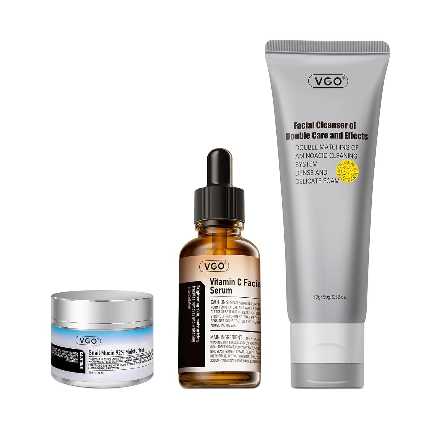 VGO Skin Care Set - Snail Mucin Moisturizer, Vitamin C Serum & Dual-Tube Cleanser | 3-Piece Daily Routine for Sensitive Skin