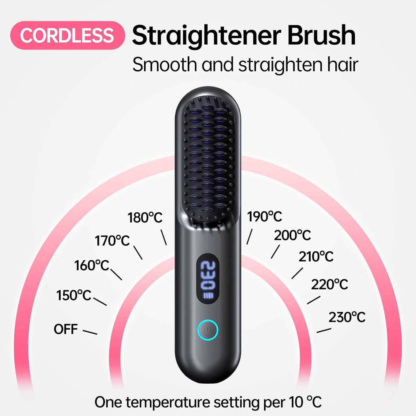 Skiennix Cordless Hair Straightener Brush - Portable 9600mAh Comb with Plasma Tech & 9 Temp Settings | LED Display (Grey)
