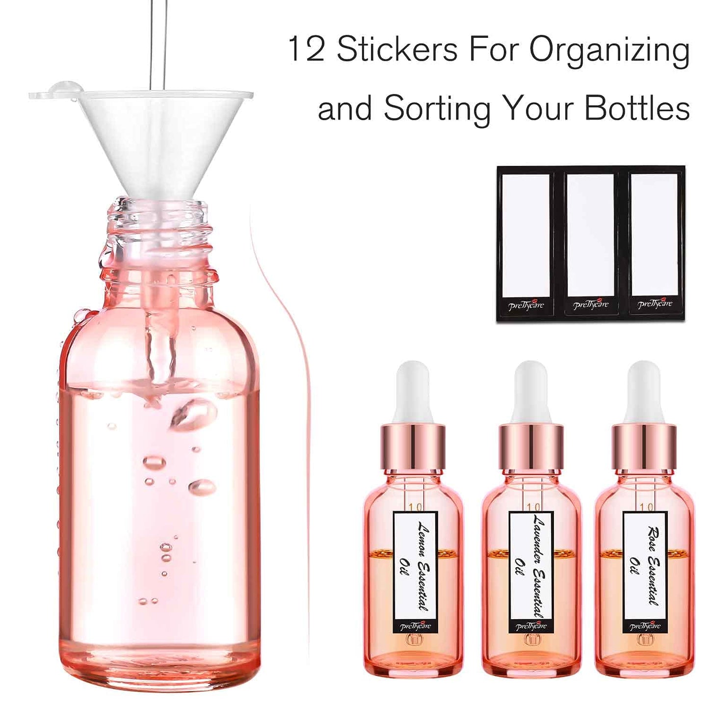 PrettyCare Glass Dropper bottle 2 oz (12 Pack Rose Eye Dropper Bottle 60 ml with Measured Pipettes, Golden Caps, Labels, Funnel) for Essential Oils, Beard Oil, Body Oil