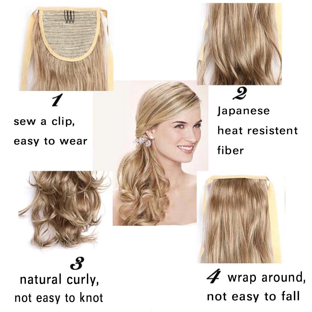 iLUU Tie Up Ponytail with Bangs Hair Extensions Clip in Wavy Hair Pieces Extension Curly Natural Synthetic Fibre Hair Ponytails for Women 20"/90g-Strawberry Blonde/bleach blonde