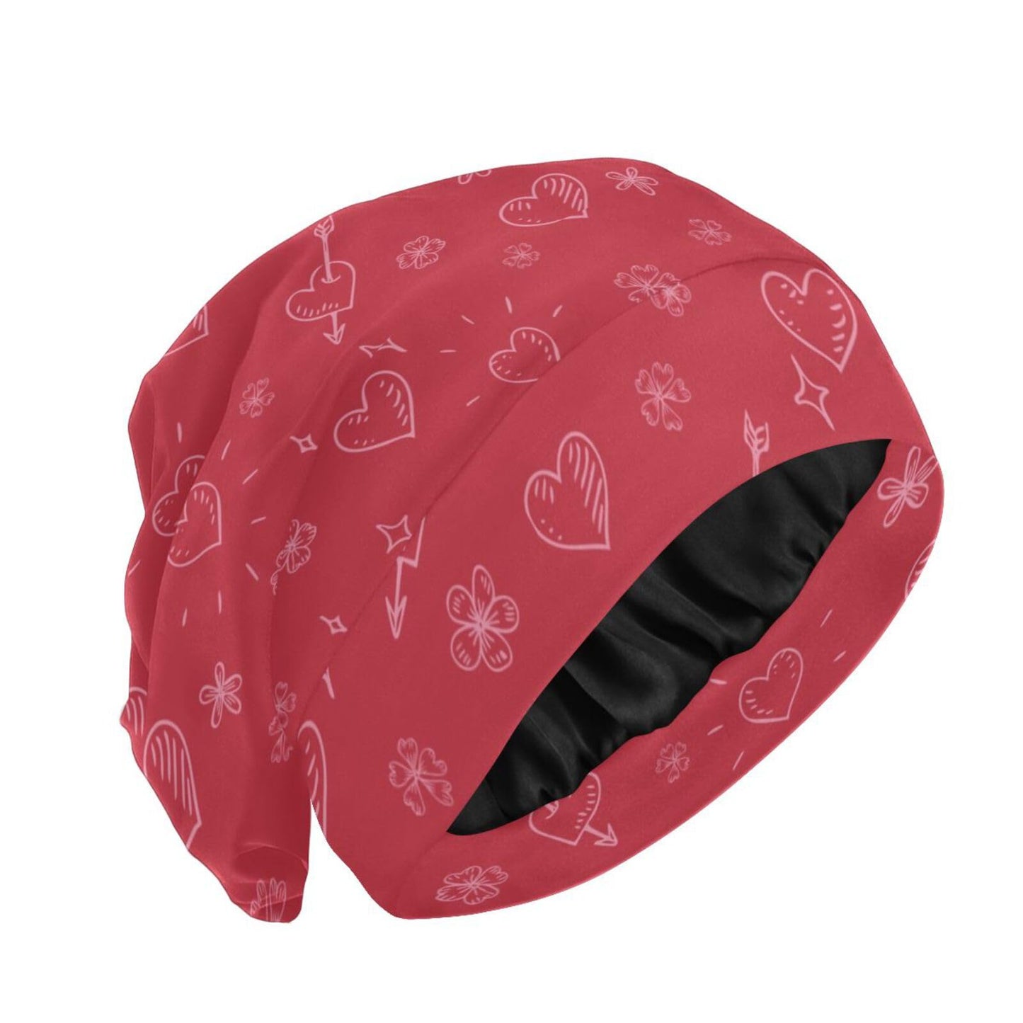 ElliTarr Beanie Hat Satin Bonnet Lined Sleep Cap Hair Wrap Cover Slouchy Beanie for Curly Hair Protection for Gifts for Men Women Valentines Day Heart Floral Red