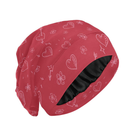 ElliTarr Beanie Hat Satin Bonnet Lined Sleep Cap Hair Wrap Cover Slouchy Beanie for Curly Hair Protection for Gifts for Men Women Valentines Day Heart Floral Red