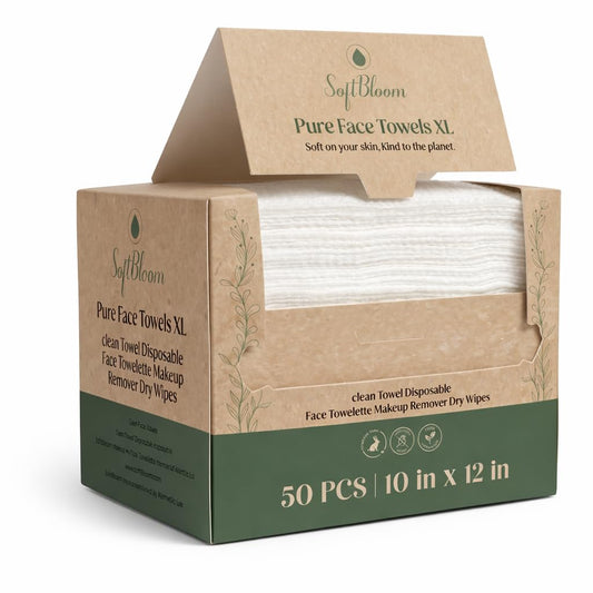 SoftBloom Disposable Face Towels - XL 50 Count Biodegradable Viscose | Ultra Soft for Sensitive Skin & Makeup Removal