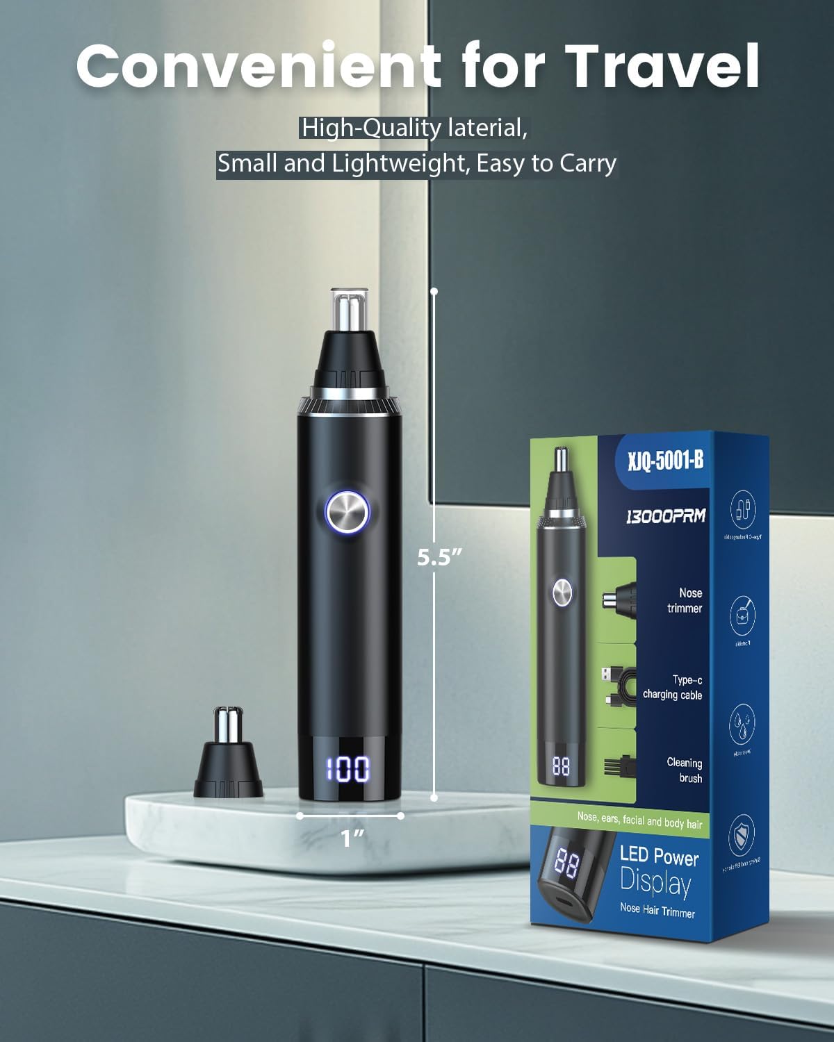 Ginity Ear & Nose Hair Trimmer - Painless USB Rechargeable with LED Display | IPX7 Waterproof Dual Edge Blades