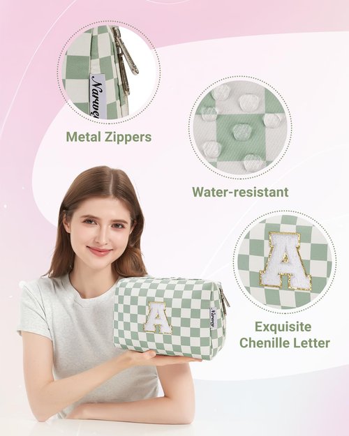 Narwey Easter Basket Gifts for Teen Girls kids Trendy Stuff 6 8 10 11 12 14 16 18 Years Old, Initial Makeup Bag, Personalized Cosmetic Toiletry Bag, Birthday Gifts for Tween Women (Green A)