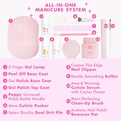 Olive & June Gel Mani System Set | Includes Nail Tools, Peel-Off & Gel Base Coats, Top Coat, LED Lamp, Cuticle Serum & The Poppy | Easy At-Home Mani Kit | 15-Free, Vegan, Cruelty-Free