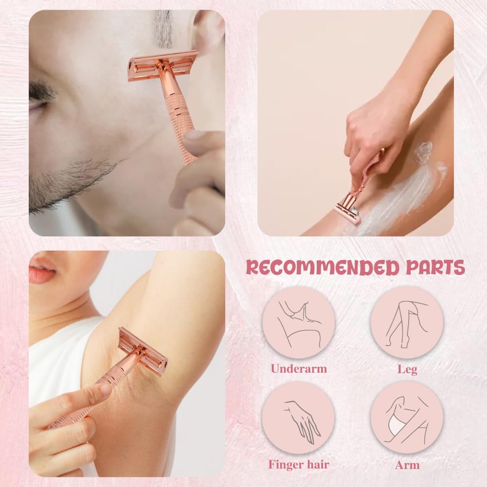 Safety Razor for Women, Double Edge Safety Razor Blades, Reusable Smooth Shave, Painless Hair Removal, Metal Shave Women for Leg Arm Underarm Bikini (Black with Stand)